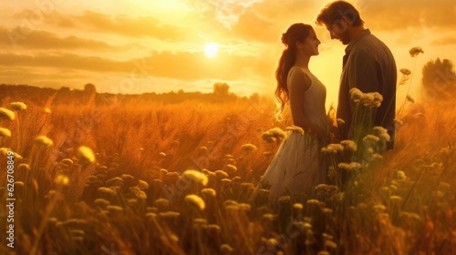 Happy couple in love standing on a field at sunset - very romantic scene - catching a moment of endearment