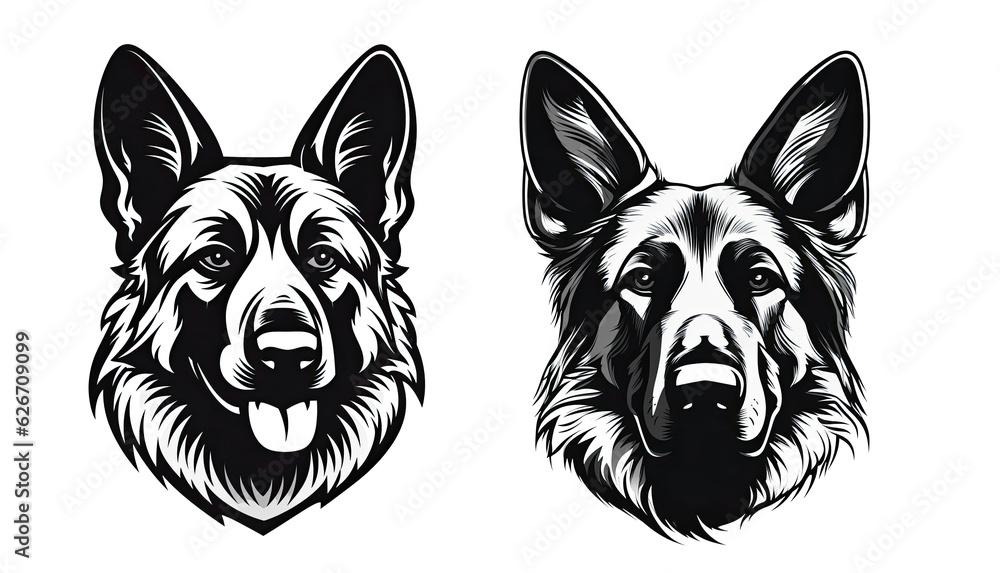 Shepherd dog head, with different expressions of the muzzle. Symbols for tattoo, emblem or logo, PNG