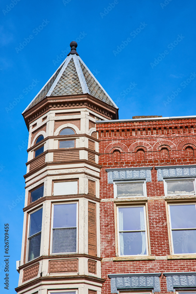 Top tower of old brick building in Public Square in Mount Vernon Ohio