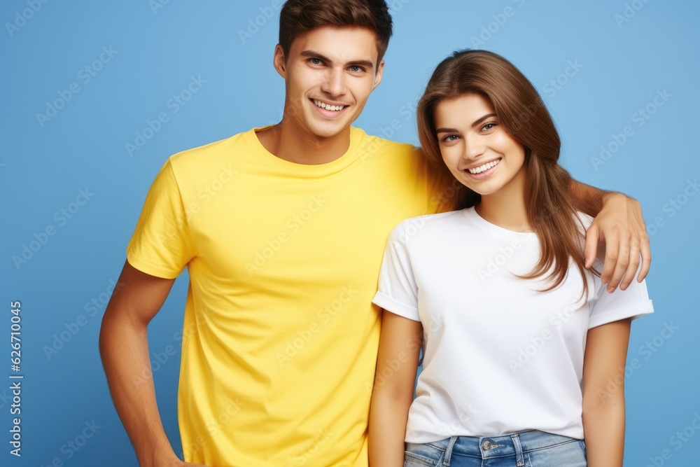 Fototapeta premium Studio photo of a happy couple in love against a plain colorful background - catching a moment of endearment