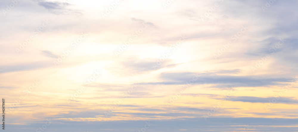 Fototapeta premium Panoramic view of the morning skyline, the sky of the new morning, the sunset, colorful clouds and beautiful cloud patterns.
