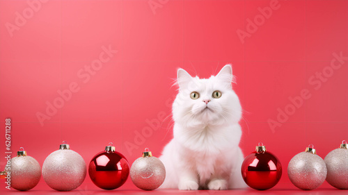 Christmas Theme White Cat on Red Background