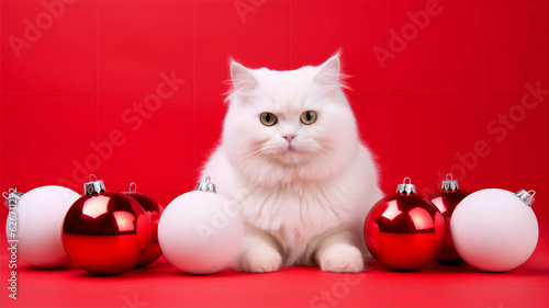 Christmas Theme White Cat on Red Background