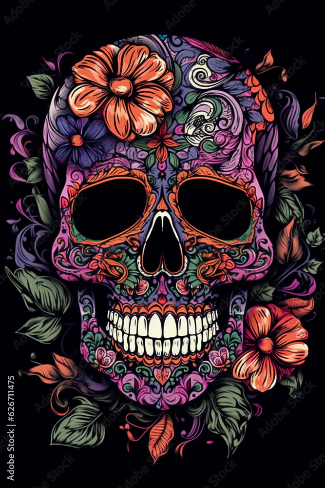 Sugar skull decoration with colorful flower. Day of the dead.