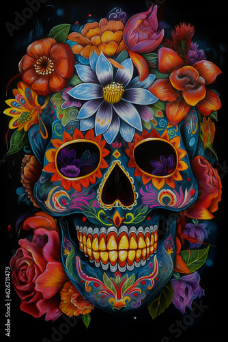 Sugar skull decoration with colorful flower. Day of the dead.
