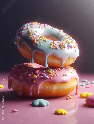 Donuts with colorful sprinkles and glazing dripping down. Created with Generative AI technology