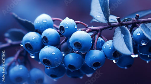 Blueberries on a branch, adorned with shimmering water drops - Generative AI.