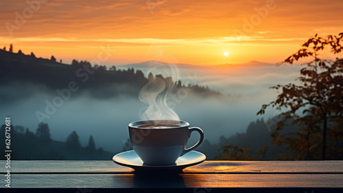 A cup of coffee on sunset in the foggy moutain (Generative AI)
