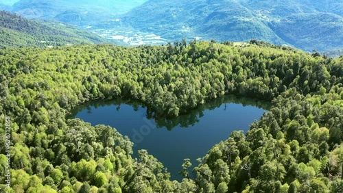 Dron view of real heart shape lagoon in Chile. Laguna coraszon in region Los Lagos Chile