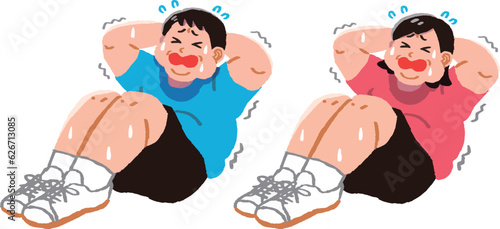 辛そうに腹筋運動する男女
