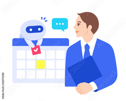 AIがスケジュール管理。秘書の役割を担っているイメージのベクターイラスト素材。