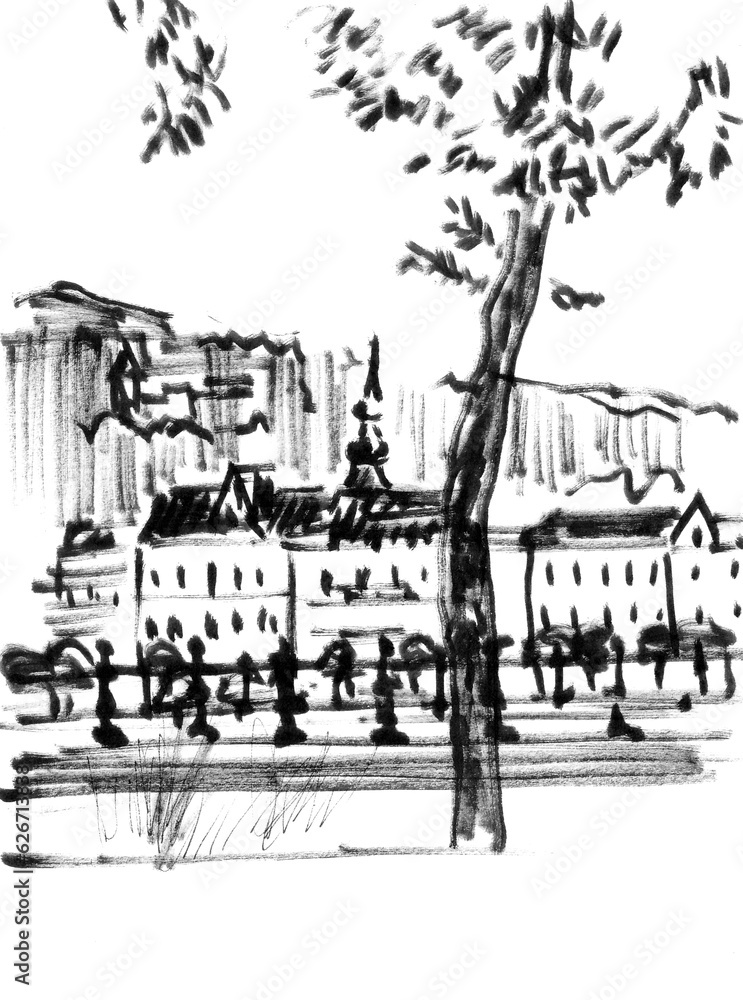 Budapest, Hungary, Travel sketch, graphic black and white drawing