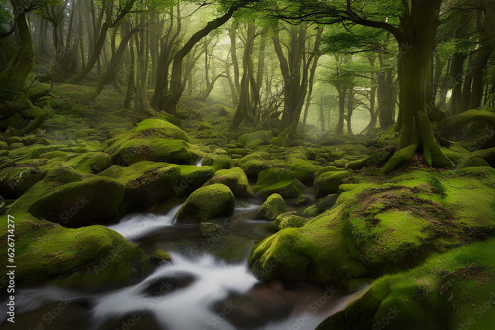 green moss covering Beautiful pine and fir forest green moss covering Beautiful pine and fir forest