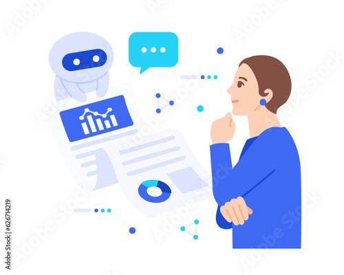 AIが人に変わってリサーチ。データをビジネスパーソンに共有しているイラスト素材。