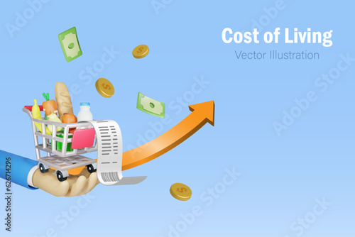 Cost of living, economic inflation, high grocery price concept. Businessman hand holding grocery foods and drinks in shopping cart with high graph and receipt bill. 3D cartoon character vector. 