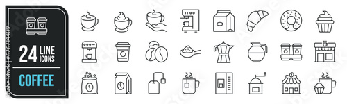 Coffee minimal thin line icons. Related tea, milk, teapot, breakfast. Editable stroke. Vector illustration.