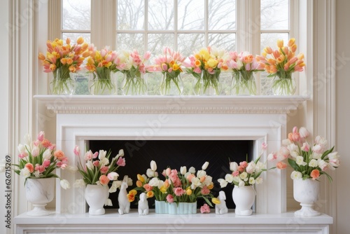 Spring-themed decorations can be seen on a white mantel display  featuring tulips and bunnies.
