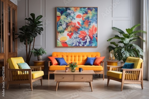 Real image showing a lively living room setting with vibrant plants, where retro armchairs featuring wooden frames and adorned with colorful cushions are placed next to a navy blue sofa.