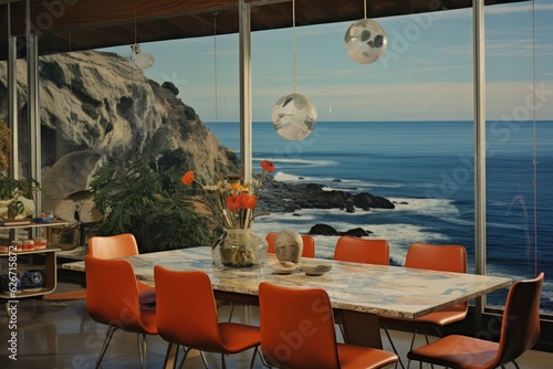 Oceanic outlook observed from a vintage 1970s beachfront residence dining area. photo