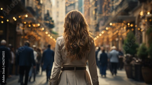 ビジネス街を歩く後ろ姿の女性