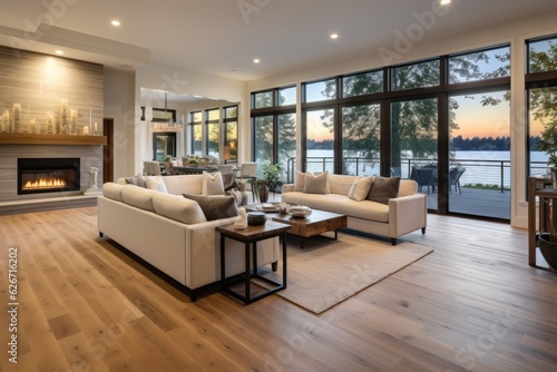 Stunning interior of a living room in a brand-new  luxurious house  featuring gorgeous hardwood flooring  a cozy fireplace  and an expansive set of windows that offer a beautiful view of the