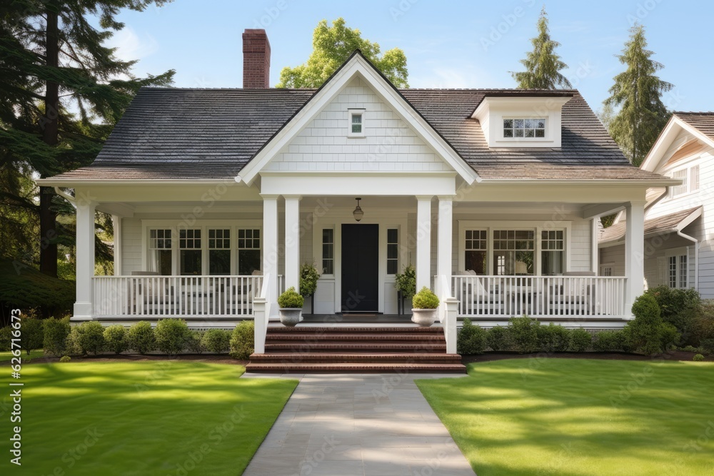 Suburban American Cape Cod home in beige color featuring a spacious front porch.