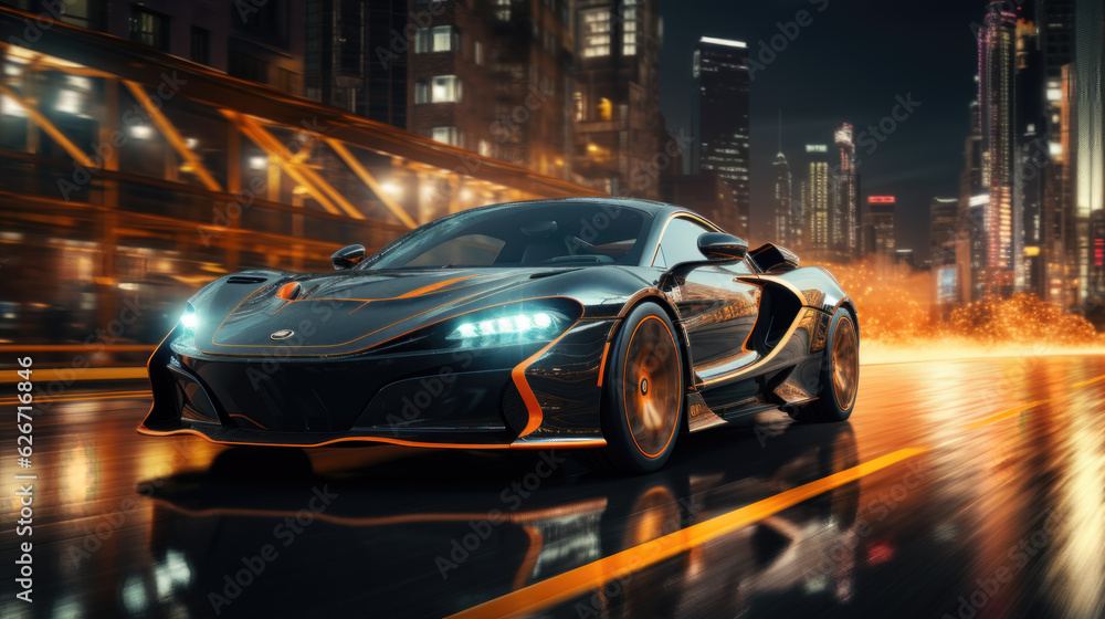 Futuristic Supercar Driving on Wet City Street at Night Black and Orange Sports Car with Neon Light AI Generated
