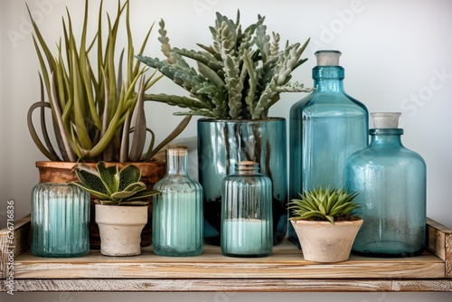 Retro-inspired home decoration  indoor plants  green desert plants  aged wooden crates  and antique blue glass bottles placed on a white wooden surface  creating a warm and inviting ambiance in the
