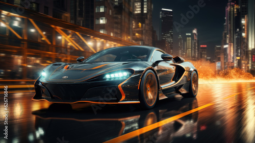 Futuristic Supercar Driving on Wet City Street at Night Black and Orange Sports Car with Neon Light AI Generated © Graphics.Parasite