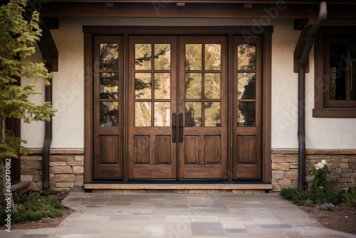 New addition to a luxurious home exterior: A brand-new front door for the house and a covered patio. © 2rogan