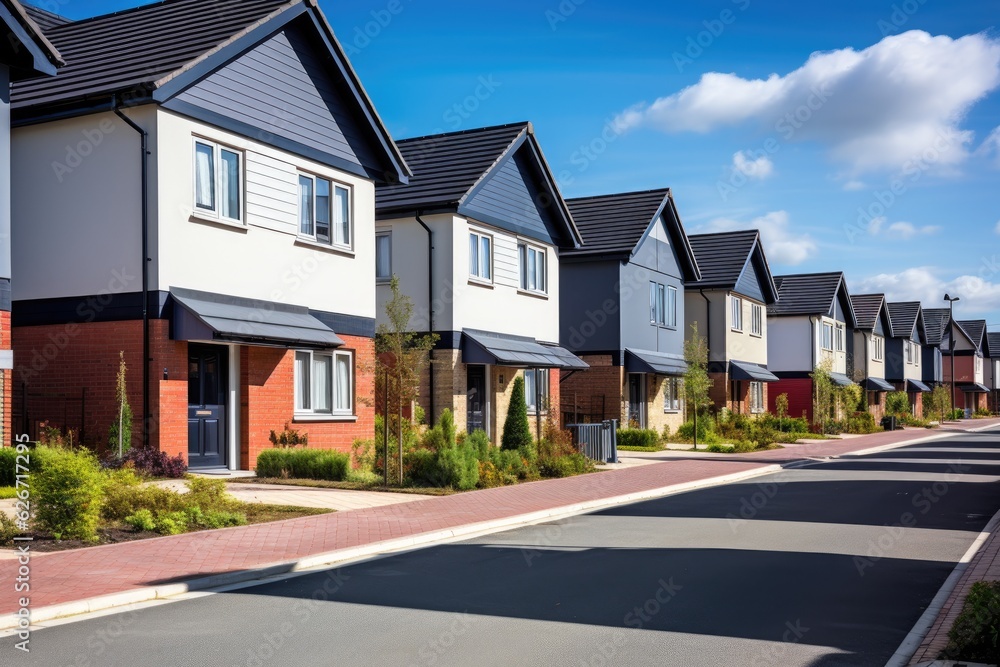 Newly constructed houses on a recently developed residential area in England. Modern and brand-new dwellings suitable for families. Positive portrayal of the housing and property market. Newly constructed houses on a recently developed residential area in England. Modern and brand-new dwellings suitable for families. Positive portrayal of the housing and property market.