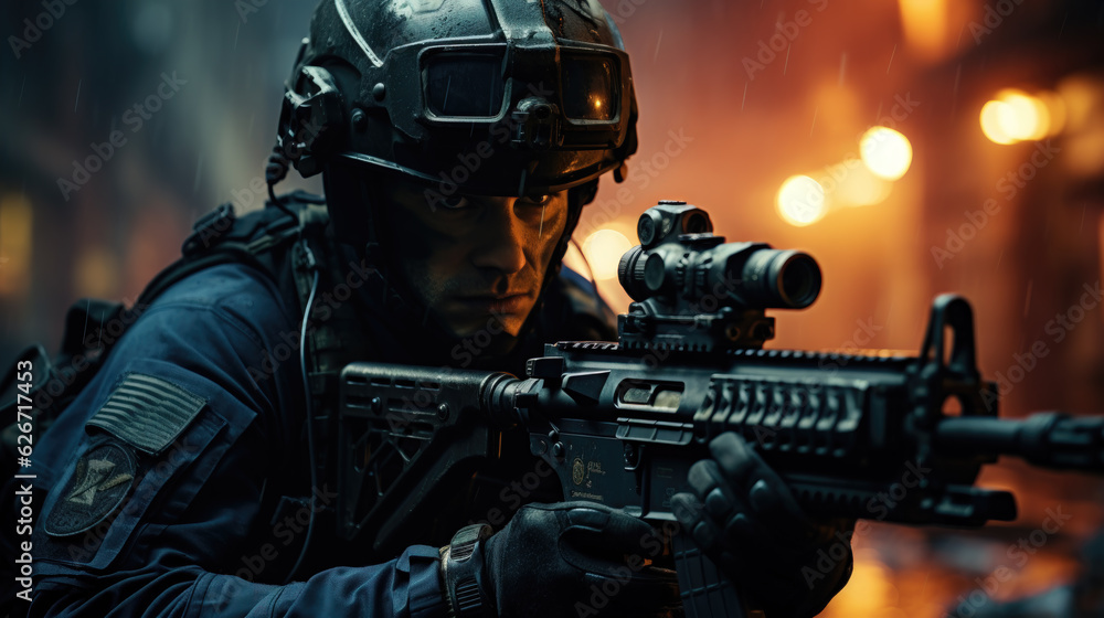 Special Forces Operator with Rifle in Dark and Rainy Street Tactical Outfit and Suppressed SMG AI Generated Special Forces Operator with Rifle in Dark and Rainy Street Tactical Outfit and Suppressed SMG AI Generated