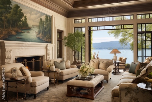 Spectacular lake scenery enhances the opulence of the sitting room s interior design.