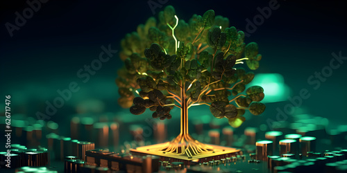 Tree growing on Circuit board. Digital and Technology Convergence.
