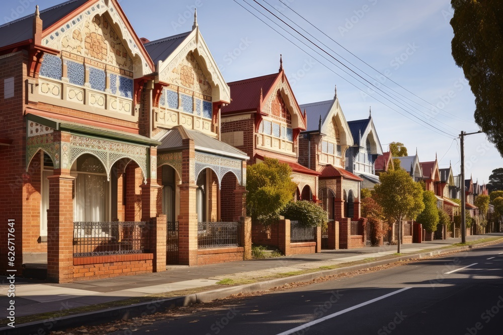 Obraz premium Melbourne, Victoria's suburbia is dotted with town houses featuring brick veneer construction.