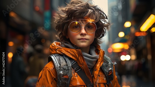 Digital art portrait of cartoon boy in orange glasses outdoors with bokeh lights AI