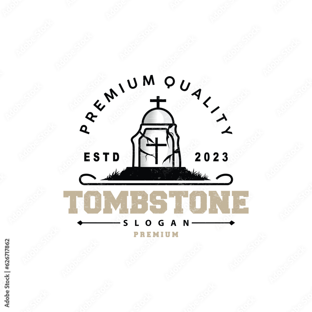 Obraz premium Tombstone Logo, Tomb Cemetery Cross, Vector Vintage Label, Retro Badge, Inspirational Design