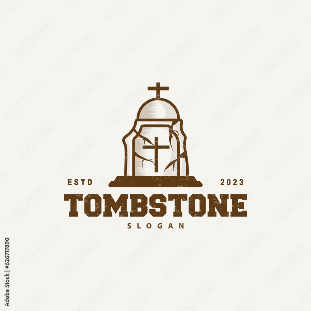Fototapeta premium Tombstone Logo, Tomb Cemetery Cross, Vector Vintage Label, Retro Badge, Inspirational Design