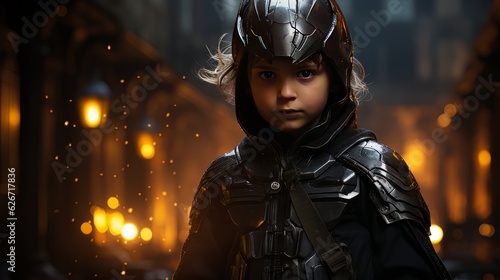 Digital art portrait of little boy in motobiker black suit and helmet AI photo