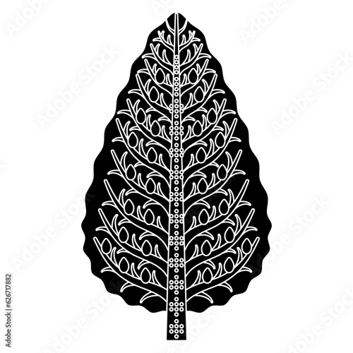 Stylized tree with fruits and branches. Ancient Iranian floral design. Black and white negative silhouette.