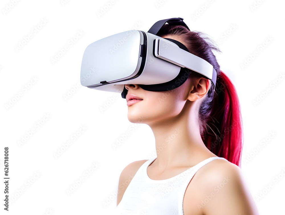 Woman using virtual reality headset, generative AI Woman using virtual reality headset, generative AI