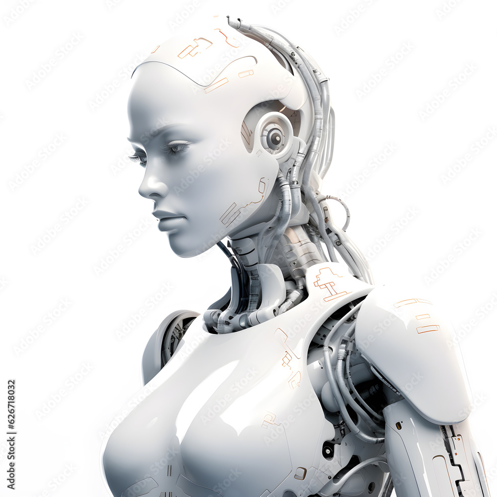female cyborg robot 3D render white background, generative AI