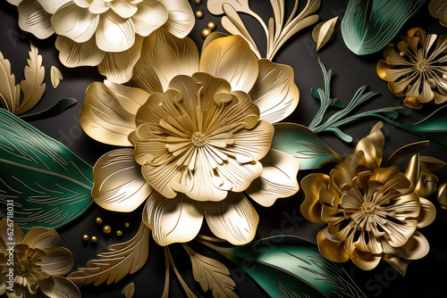 Luxury floral seamless with flowers elegant leather texture illustration background in golden, green, white, and black colors. 3d abstraction wallpaper for interior mural wall art decor, generative AI