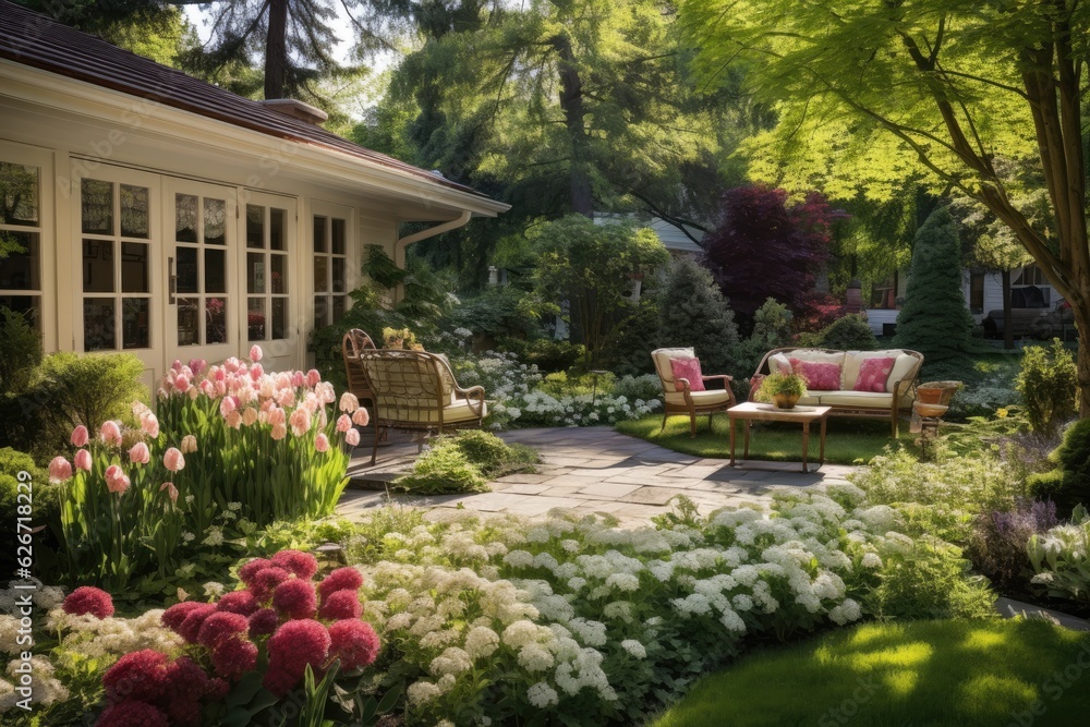 Residential garden undergoing a transition from spring to summer in a home setting. Residential garden undergoing a transition from spring to summer in a home setting.