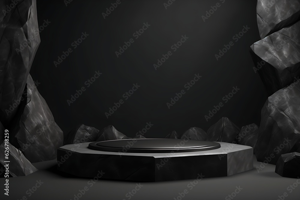 Mockup for podium exhibition or showcase with a minimalistic black geometric Stone and Rock form background. Generative AI