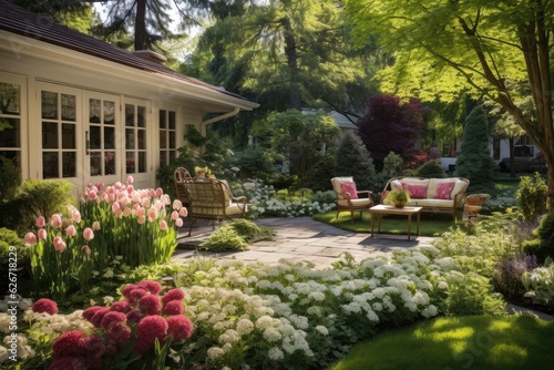 Residential garden undergoing a transition from spring to summer in a home setting.