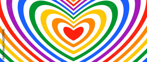 Groovy hypnotic hearts background. Rainbow colors repeating heart design on white background. Abstract horizontal lgbt pride wallpaper. Vector illustration concept in retro style