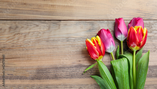 Beautiful colorful tulips on wooden table  top view. Space for text