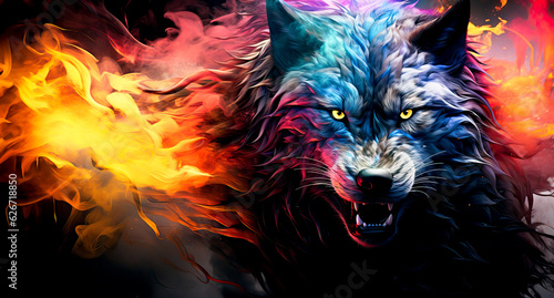 Wolf On Fire, Vibrant Wolf Close-Up in Abstract Rainbow Art with Intense Stare - A Captivating Poster Digital Art. © touchedbylight