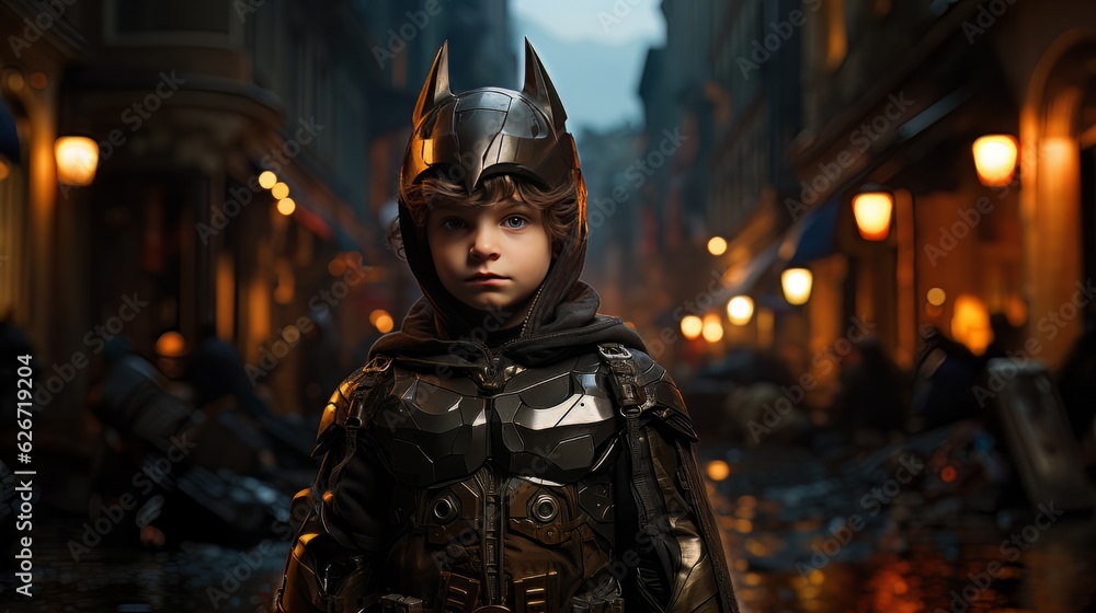 Digital art portrait of little boy in motobiker black suit and helmet AI